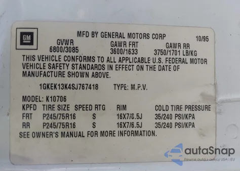 1995 GMC Yukon z USA, uszkodzony, nr VIN 1GKEK13K4SJ767418